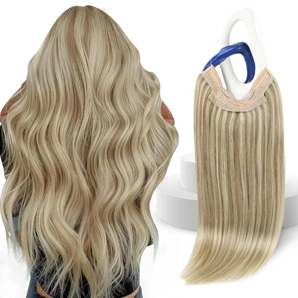 Human Hair Extensions Golden Blonde 18 Inch Clip-in Invisible Wire Versatile